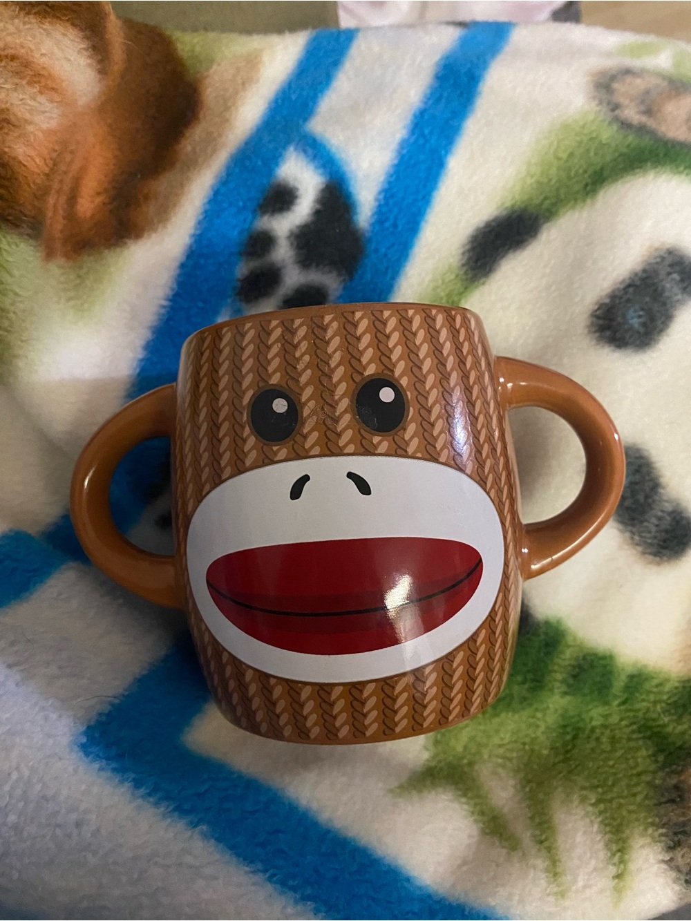 Kids' Brown Sock Monkey Double-Handle Ceramic Mug